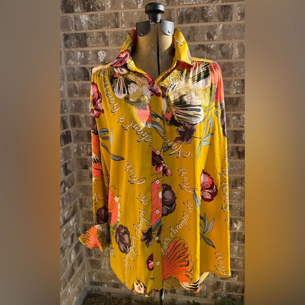 Free People Mustard Floral Button-Front Blouse